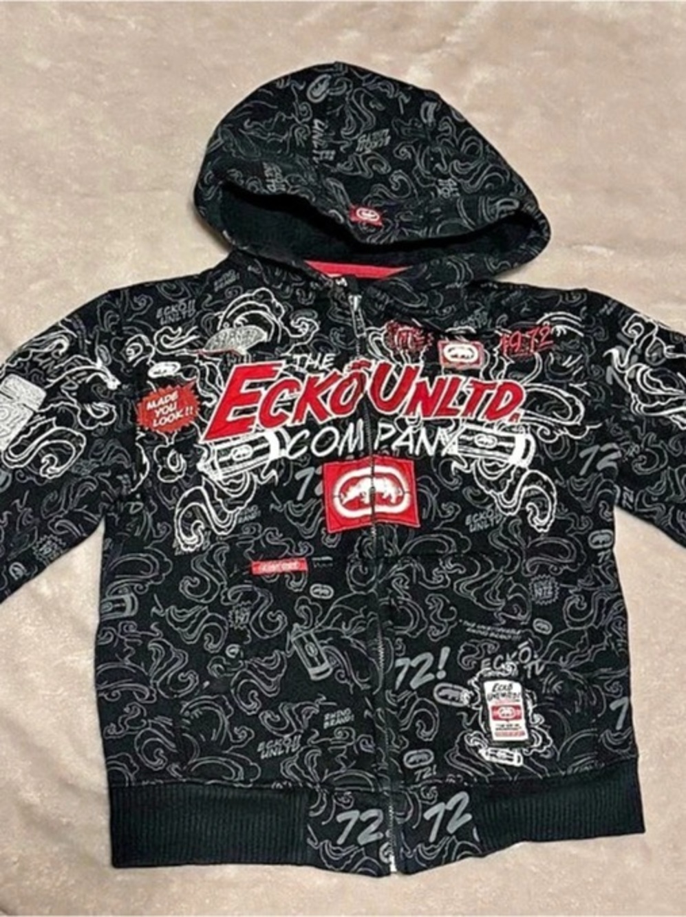 Y2K Rare Ecko Unlimited Boys' Black/white/red Graffiti Zip up Hoodie Size 5